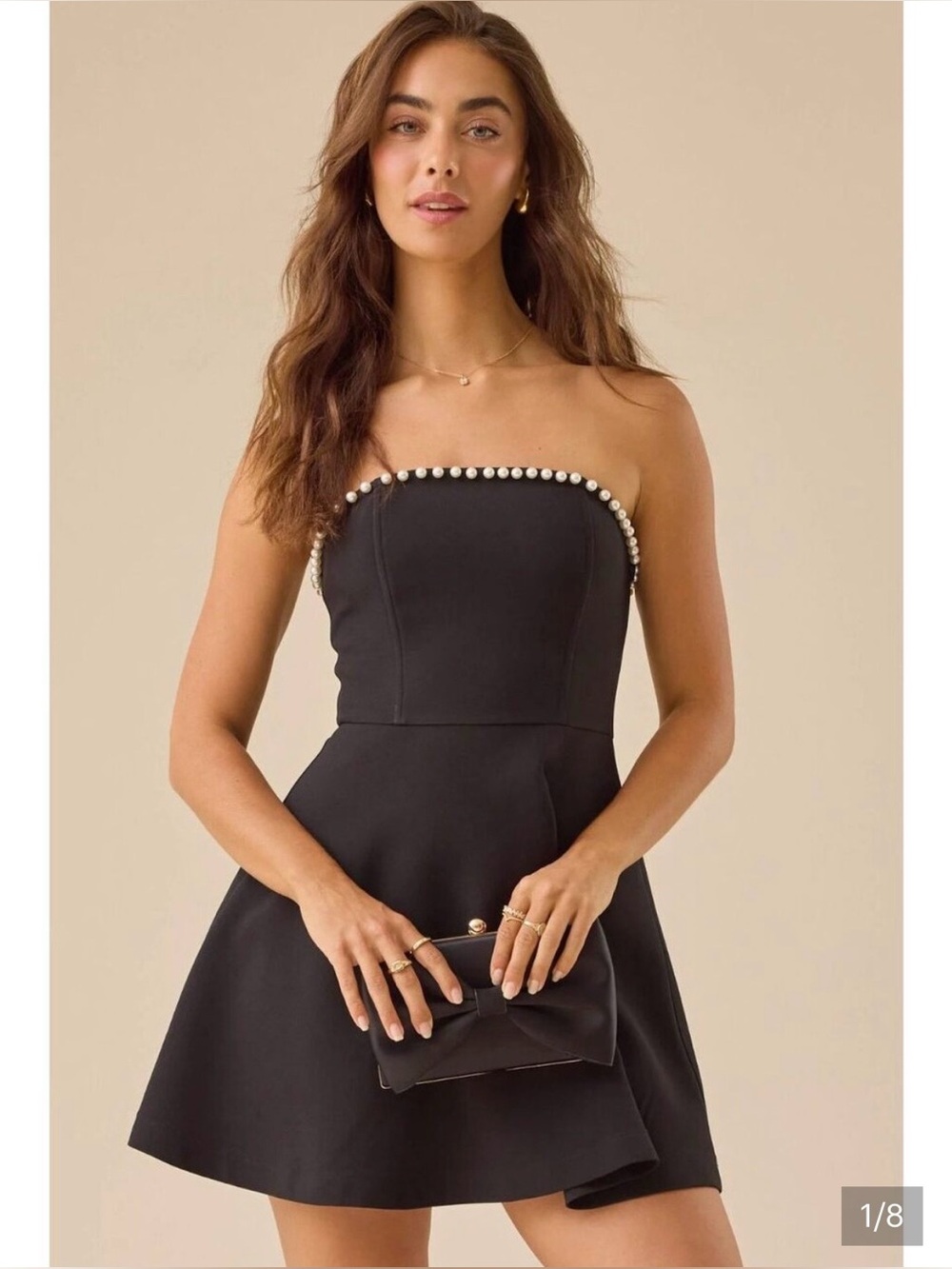 Altar’d State Londyn Strapless Black Pearl-Trim mini dress